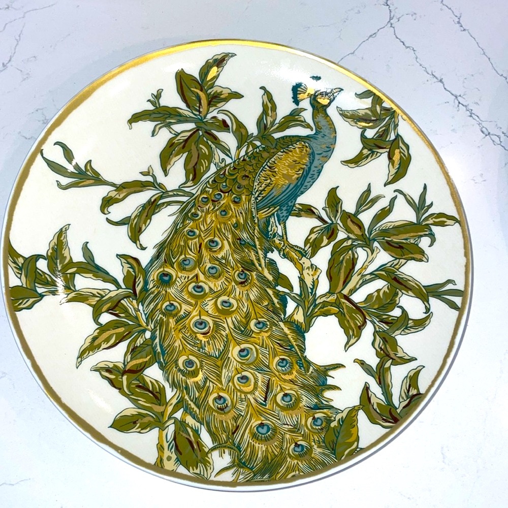 Pottery Barn Peacock Plate 9.5" Art Nouveau Inspired Ceramic Green Teal Gold